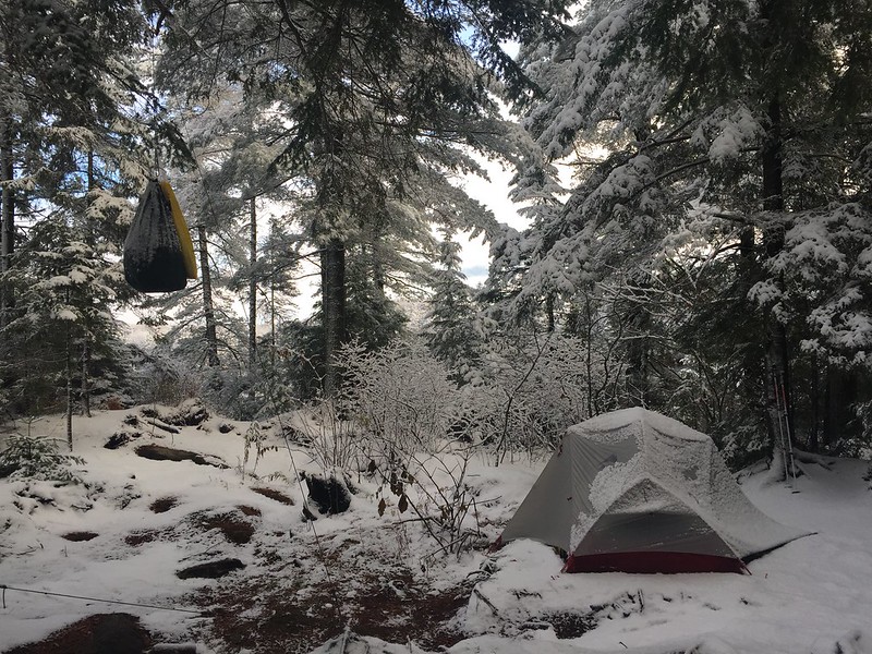 Winter camping in snow